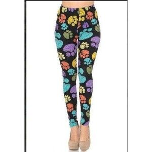 Plus Size Women Brown & Black Dog Paw‎ Print Full Length Leggings